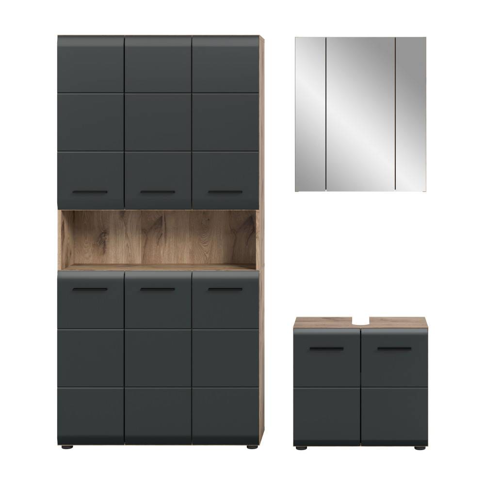 Waschplatz Set in Anthrazit und Holzoptik, freigestellt mit Hochschrank, Unterschrank und Spiegel – Karina