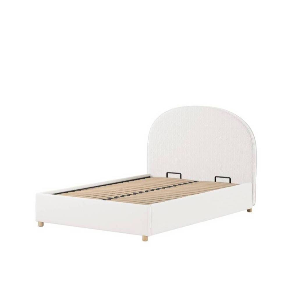 Modernes weißes Boucle Bettgestell 140x200 mit elegantem Rundkopfteil und Lattenrost ohne Matratze – Skylab