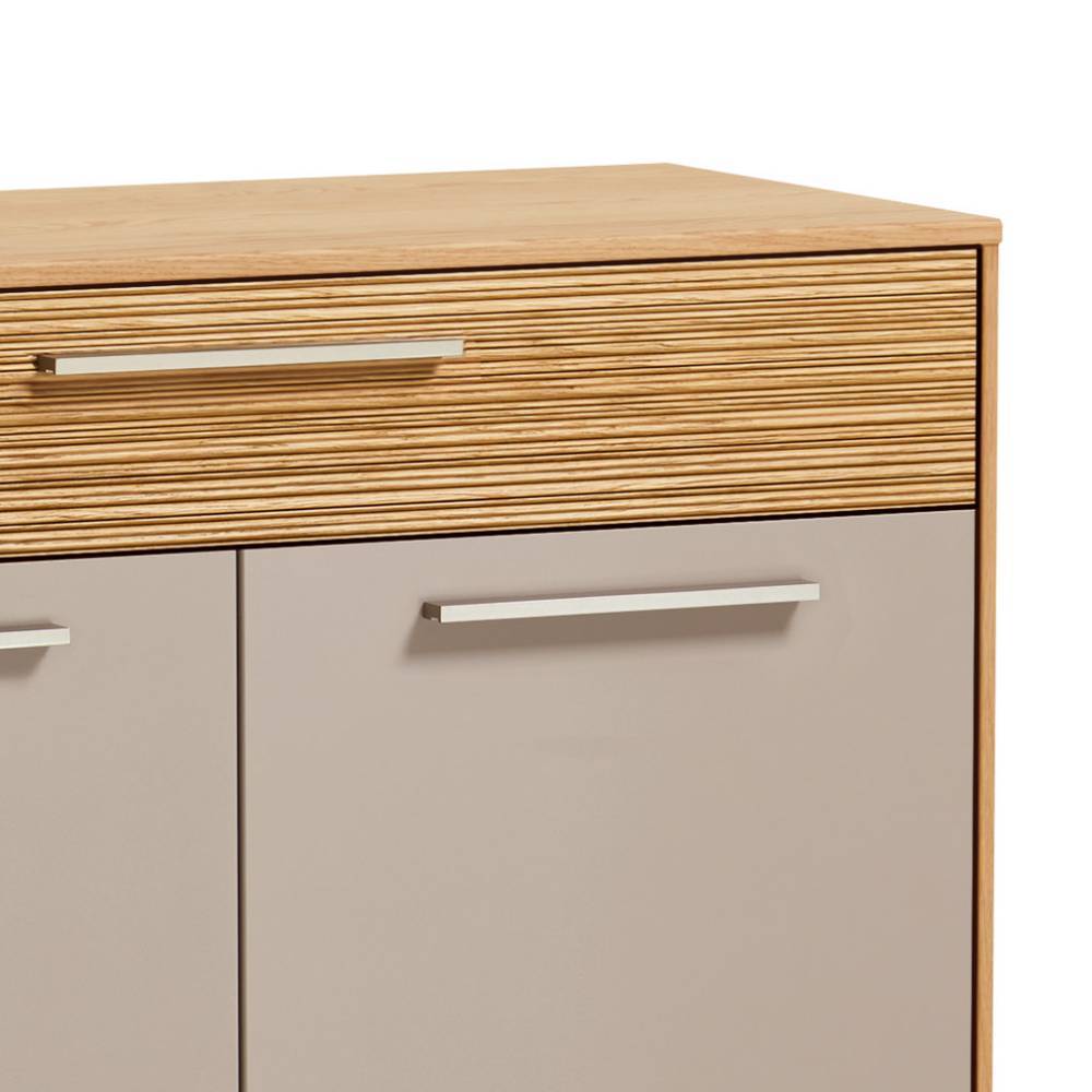 Schuhschrank Detail mit strukturierter Schublade, taupefarbener Tür und Eiche Bianco Oberplatte – Barcelos