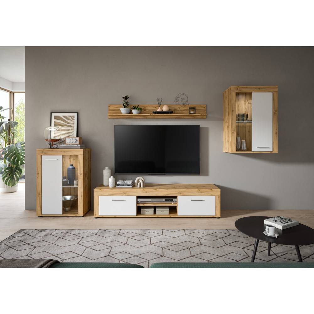 Wohnzimmer Medienwand vierteilig mit TV-Möbel, Wandboard und zwei Vitrinen in Holzoptik und Weiß – Jatiga