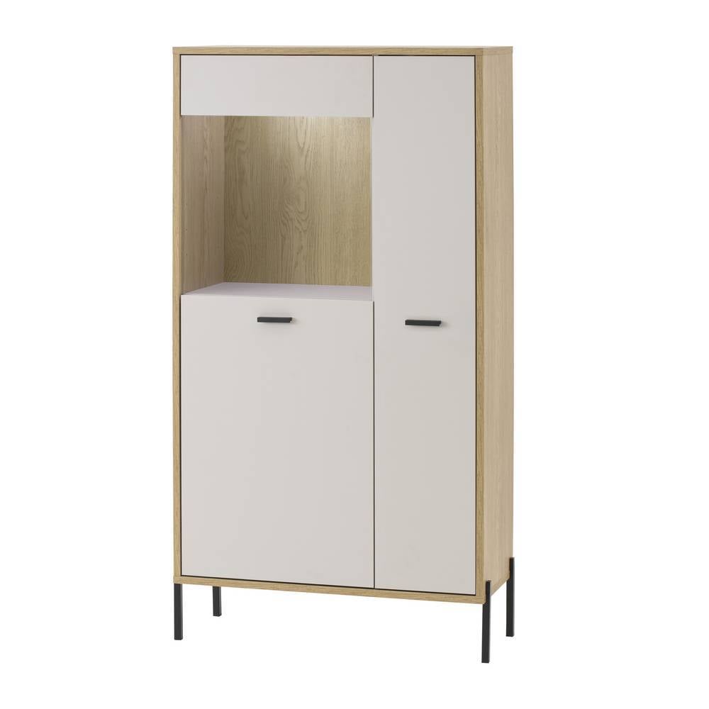 Modernes Highboard mit Glaseinsatz und zwei Türen in Beige und Holzoptik – Dasanti