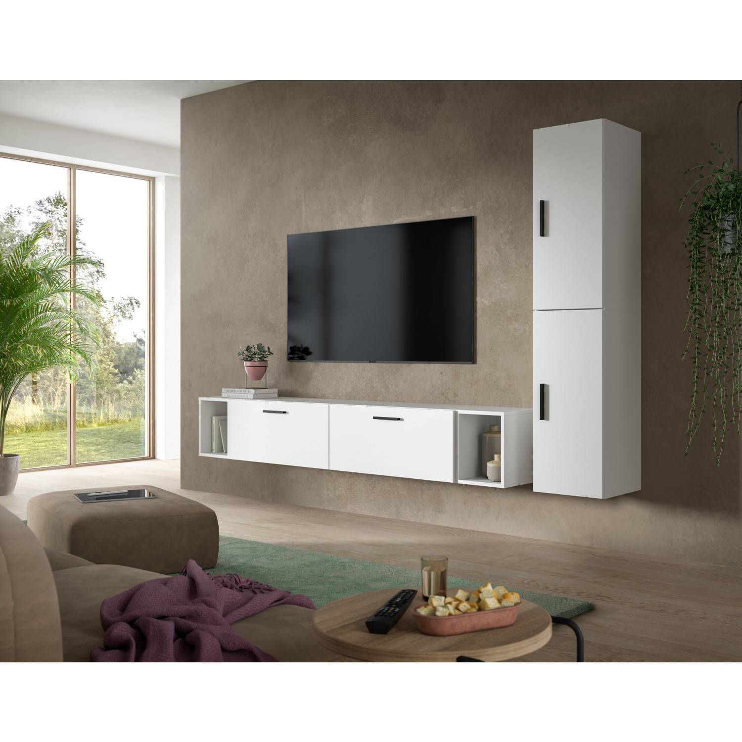 Moderne weiße Wohnwand hängend im Wohnzimmer, TV-Möbel mit Stauraum – Actionsa