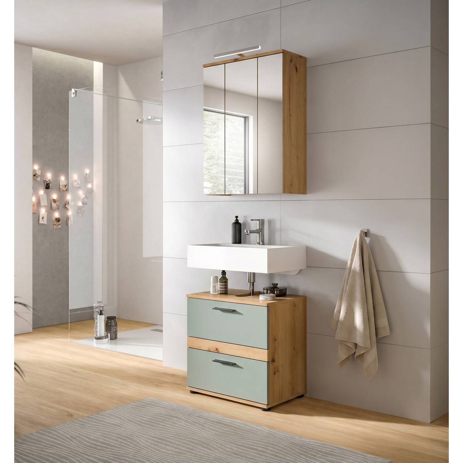 Modernes Badmöbel Set zweiteilig mit Spiegelschrank, Waschtischunterschrank und Waschbecken – Luzanos