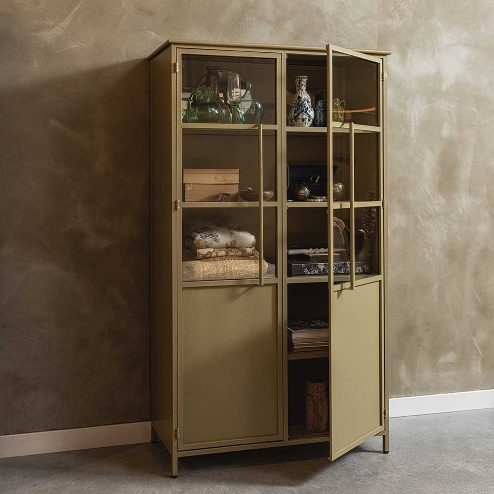 Metall Vitrinenschrank in Khaki - Gabadoza