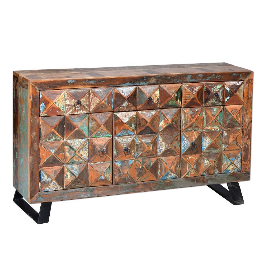 Shabby Chic Sideboard Arona aus buntem Recyclingholz mit strukturierten Fronten und elegantem Metallgestell – Arona