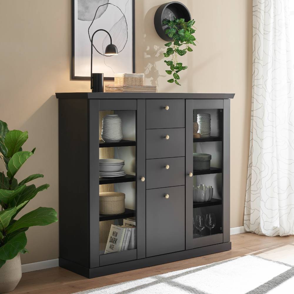 Modern Country Highboard Vitrine in Mattschwarz - Lulumo