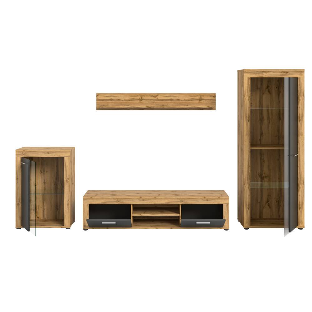 Geradlinige Anbauwand mit Holz und Glas - Josie II (vierteilig)
