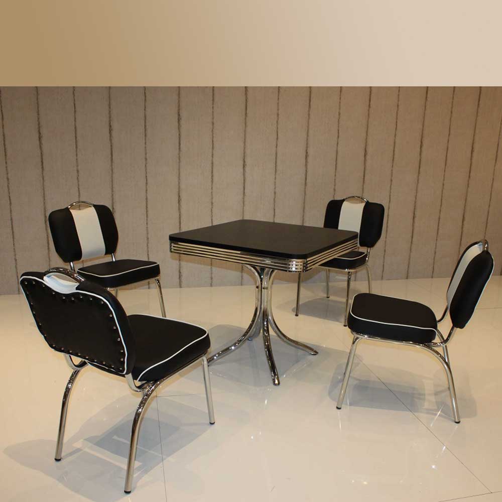 American Diner Tisch & 4 Stühle Barataria in Schwarz Weiß (fünfteilig)