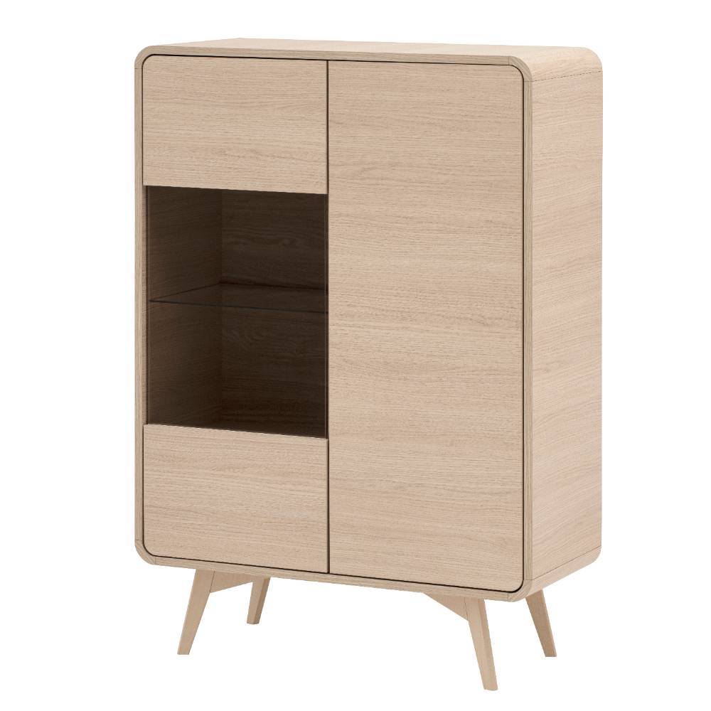 Highboard-Vitrine in Eiche Holzoptik mit Glastür und abgerundeten Ecken – Embrus