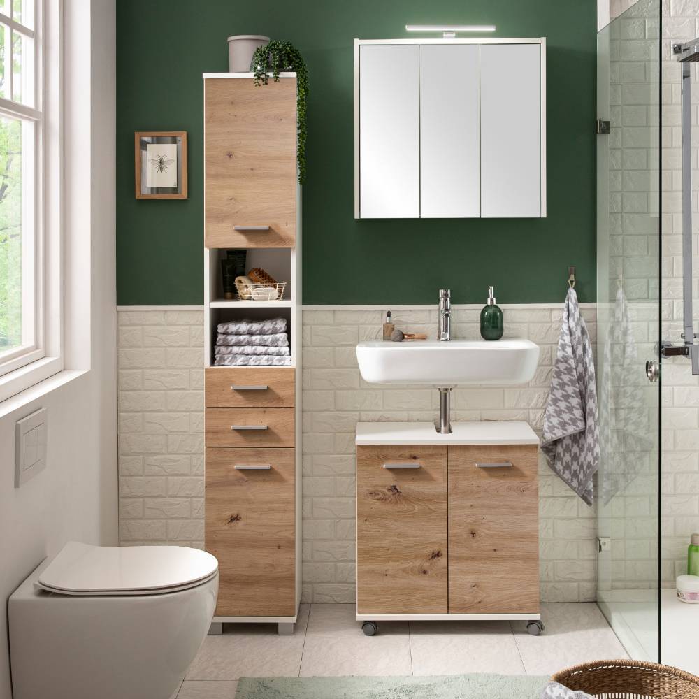Waschbeckenunterschrank auf Rollen in modernem Badezimmer unter einem Waschbecken – Tolucara