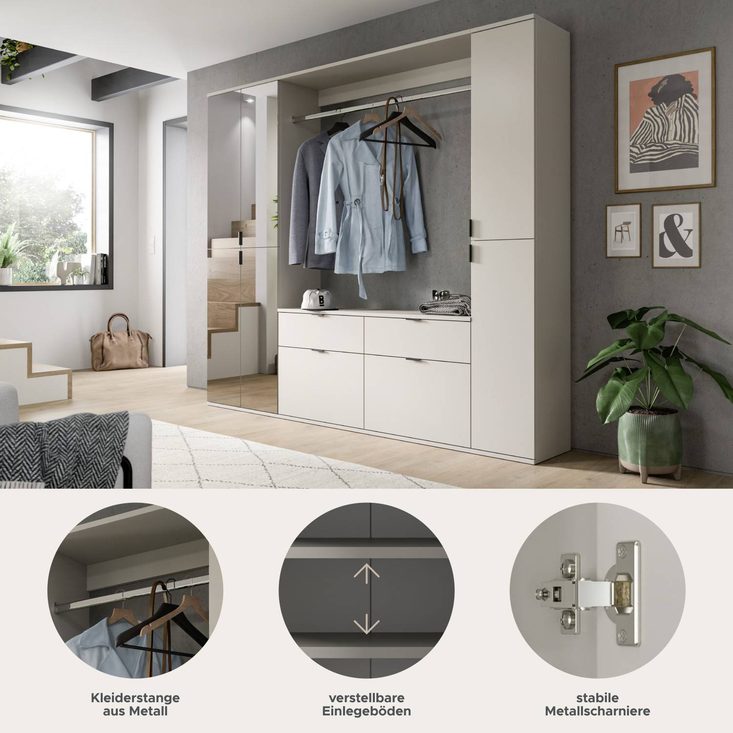 Kompaktgarderobe mit Metallkleiderstange, verstellbaren Einlegeböden und stabilen Scharnieren – Meho