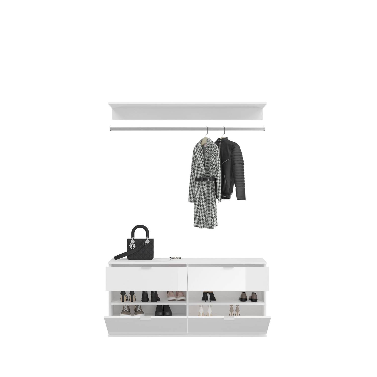 Weißes dreiteiliges Dielenset mit Garderobenleiste, Ablage und Schuhschrank für den Eingangsbereich – Pretty