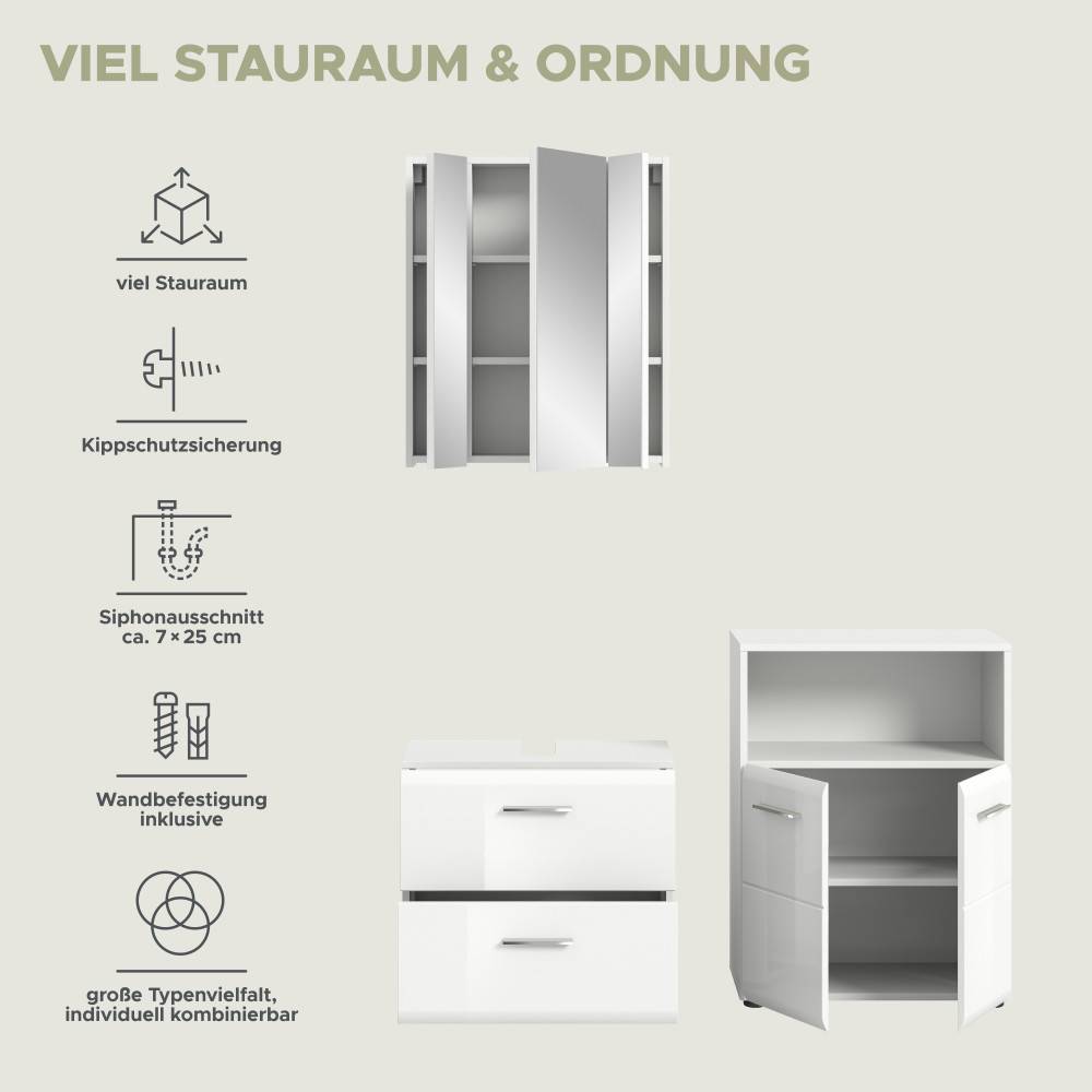 Badmöbel Set Clona I Details zu Stauraum, Kippschutz, Siphonausschnitt und Wandbefestigung – Clona