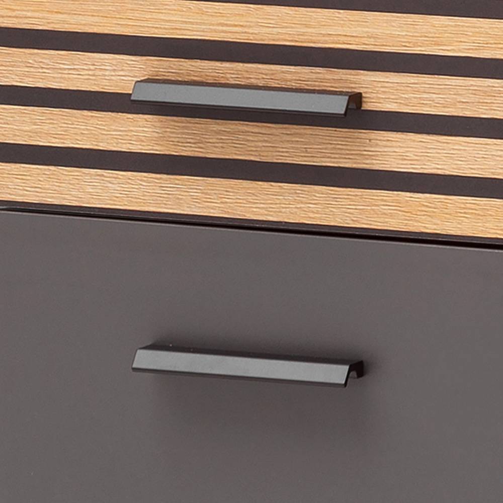 Badschrank Schubladen in Anthrazit mit Holzlamellen-Design und schwarzen Metallgriffen – Zyrian