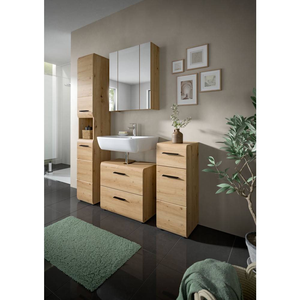 Vierteiliges Badezimmermöbel Set in heller Holzoptik mit Waschbecken und Spiegelschrank – Canopus