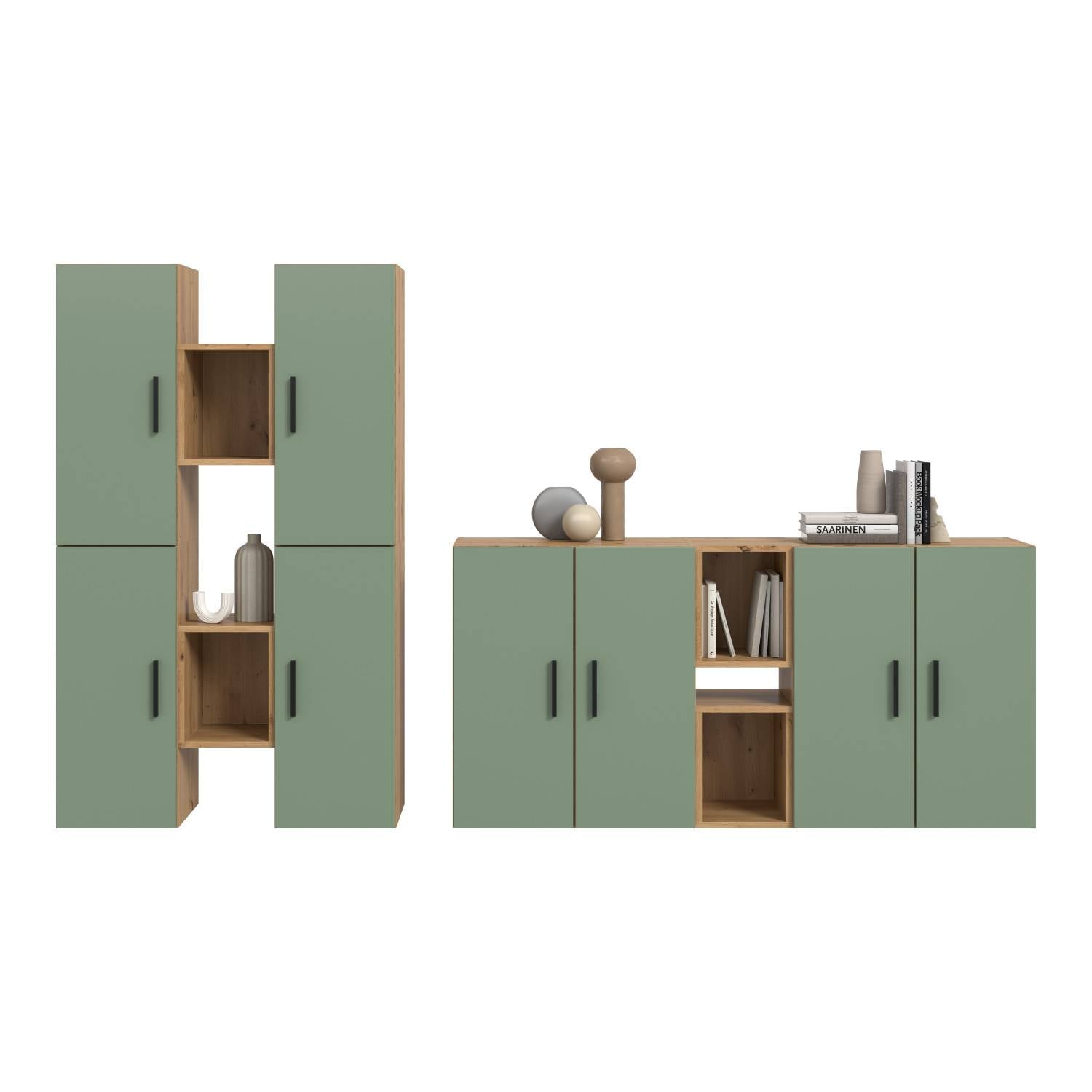 Wohnzimmer Anbauwand in mattem Grün - Jonni (vierteilig)