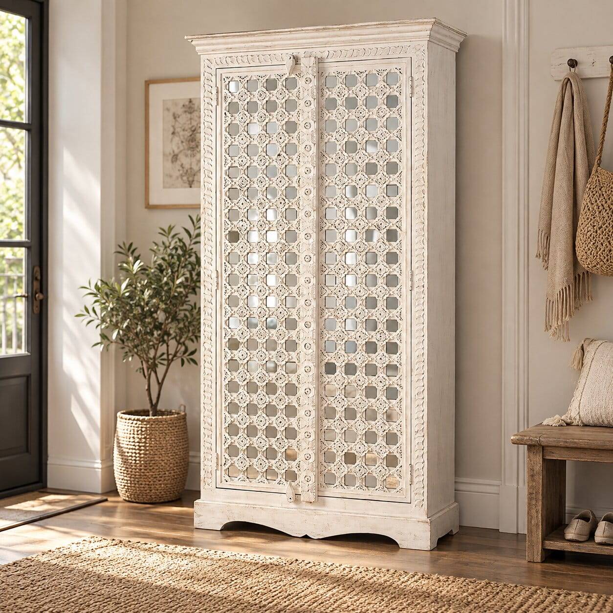 Vintage Garderobenschrank in White Wash Holz - Toscana