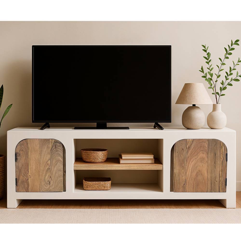 TV Lowboard in Naturweiß und Akazie - Usilvea