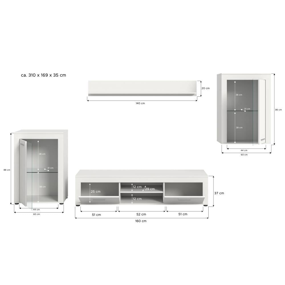 Maße und Abmessungen des vierteiligen weißen TV Möbel Sets mit Lowboard und Vitrinen – Furoro