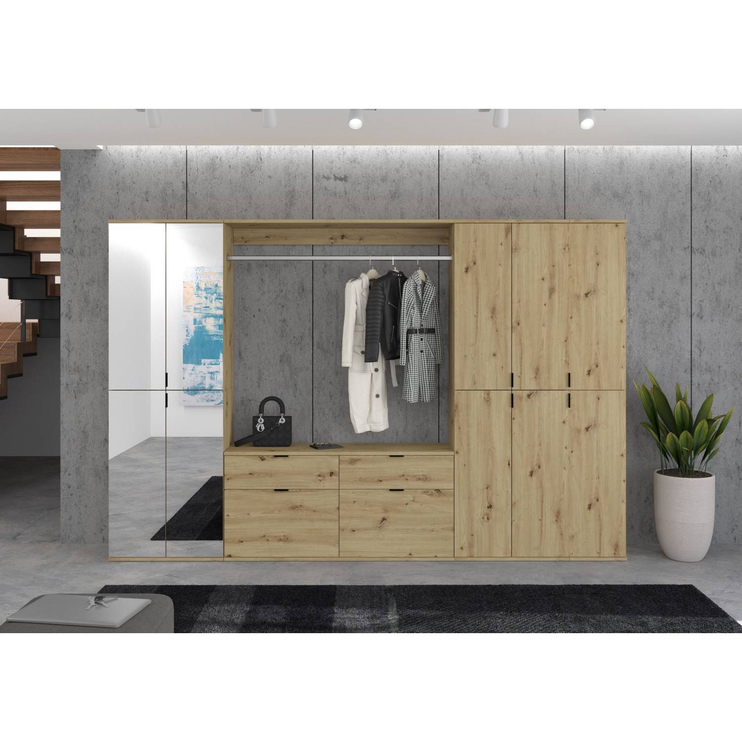 Modernes Garderobenset in Eiche-Nachbildung mit Spiegeltür, Schubladen und offener Nische – Pretty