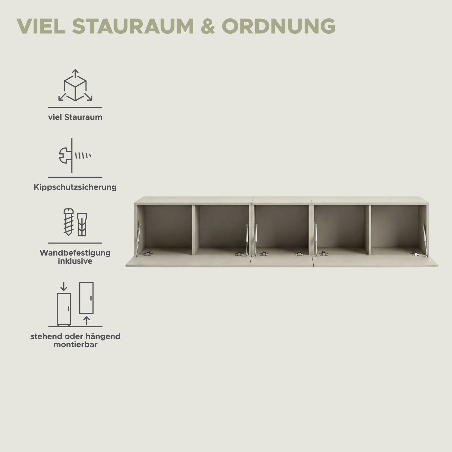 TV Sideboard dreiteilig mit viel Stauraum, Kippschutz und flexibler Wandbefestigung – Draguno