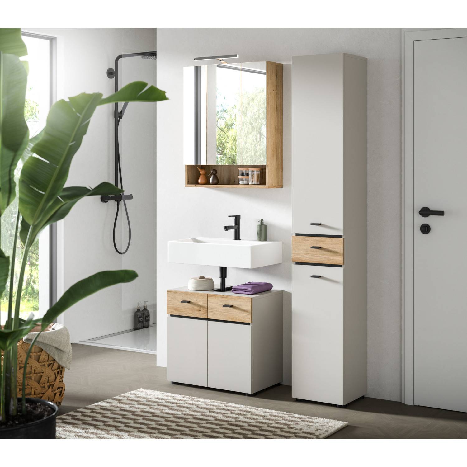 Komplettes beiges Badmöbelset mit Spiegelschrank, Hochschrank und Waschtischunterschrank – Majoristo