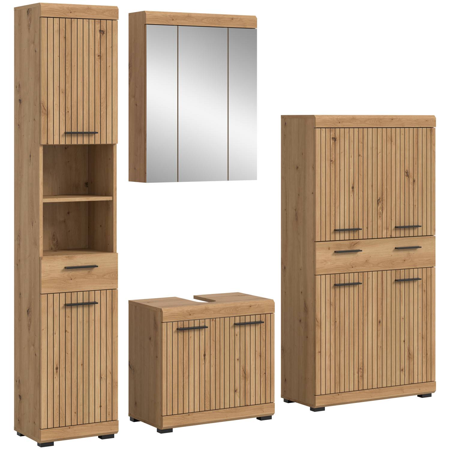 Rustikales vierteiliges Badmöbelset in Holzoptik mit Stabdesign, bestehend aus Schränken und Spiegelschrank – Lasewood