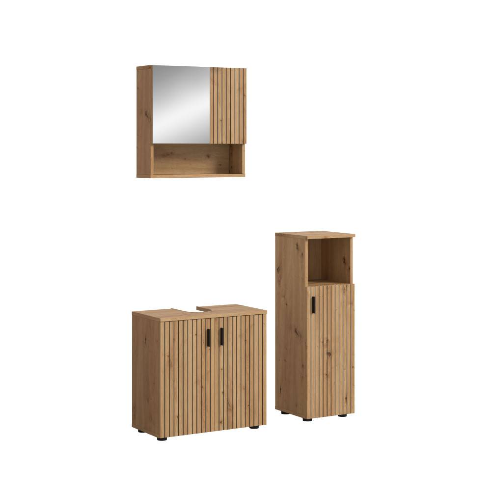 Dreiteiliges Badmöbelset Janny in Paneeloptik mit Spiegelschrank, Waschtischunterschrank und Hochschrank – Janny