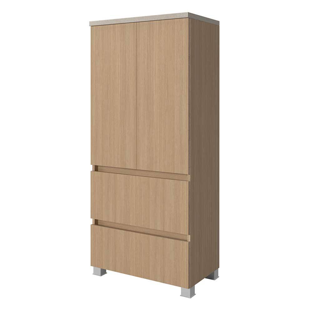 Hoher Badezimmerschrank in heller Holzoptik mit Türen und zwei Schubladen – Vibulam