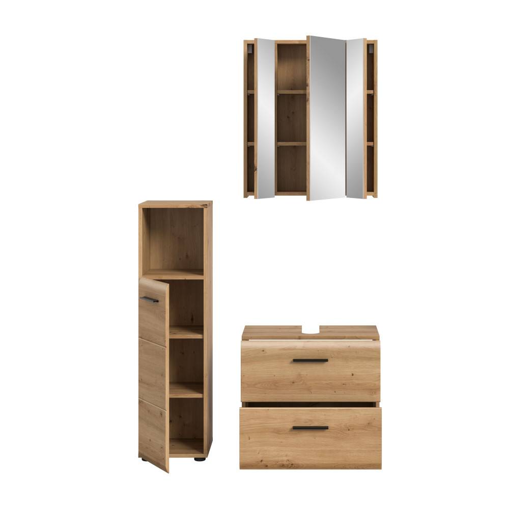 Dreiteiliges Waschplatz Set mit Spiegel, Hochschrank und Waschtischunterschrank in heller Holzoptik – Canopus