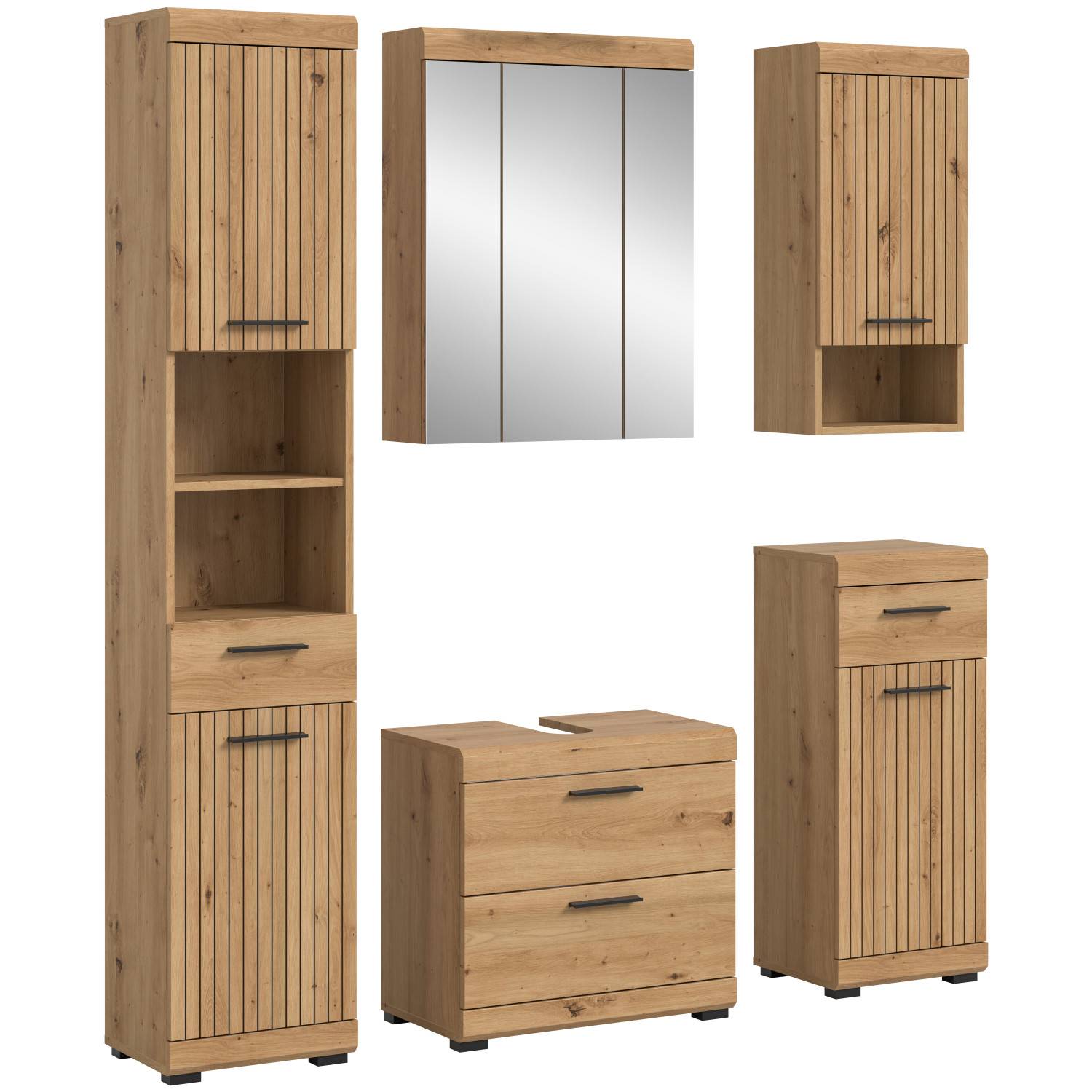 Fünfteiliges Badezimmerset mit Schränken und Spiegel in heller Holzoptik, freigestellt – Lasewood
