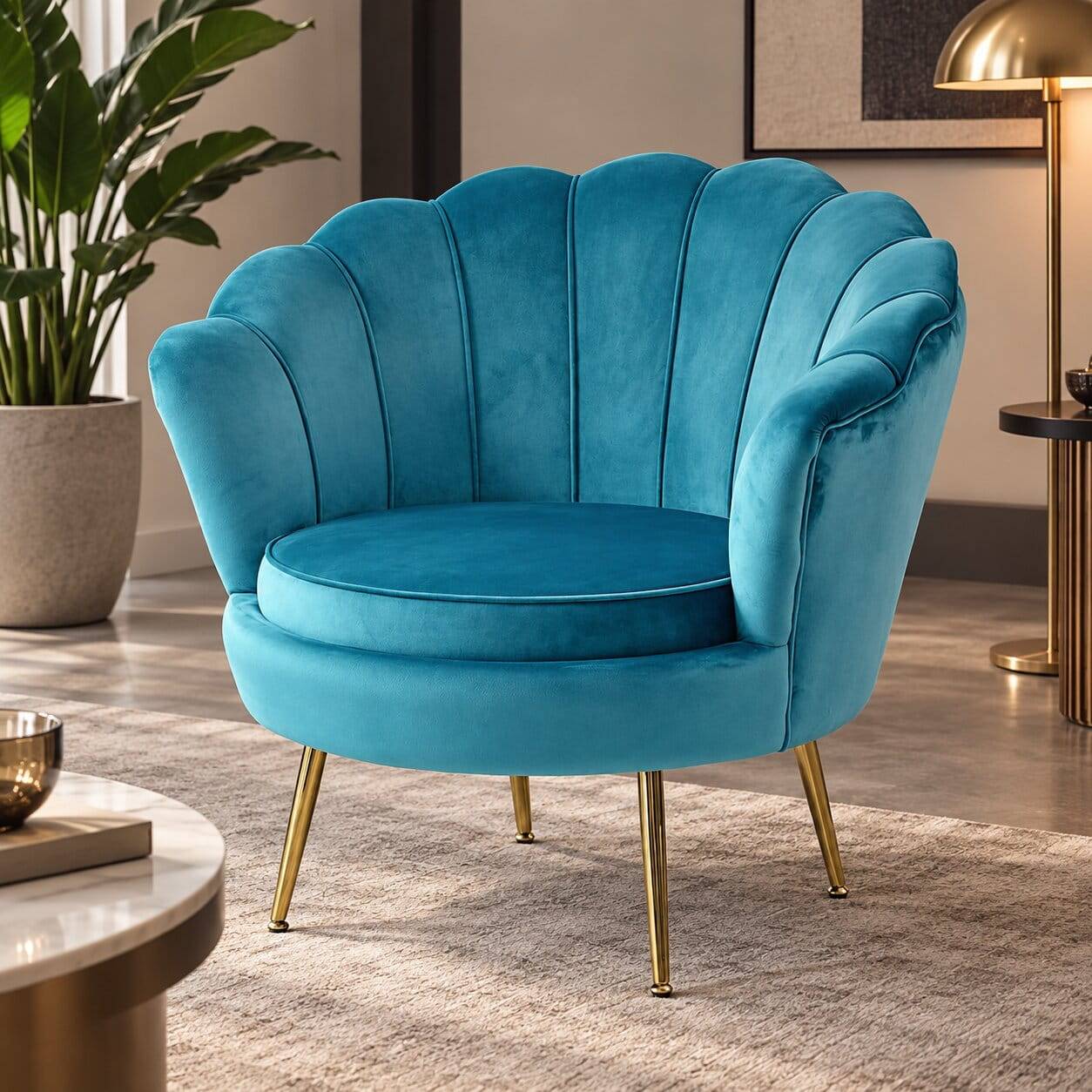 Retro Design Muschelsessel in Blau Samt - Desancto