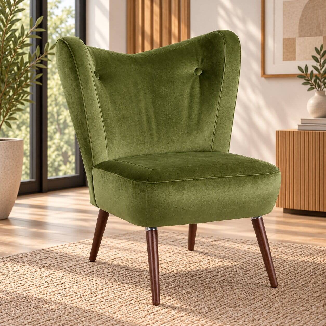 Retro Designsessel in Oliv Grün Samtvelours mit Holzfüßen in Nussbaum Braun