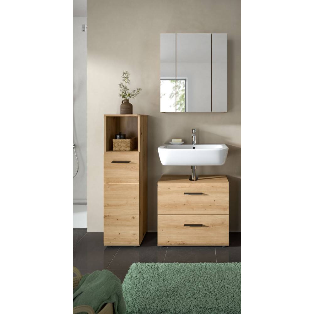 Helles dreiteiliges Badmöbel Set mit Waschtischunterschrank, Spiegelschrank und Hochschrank im Bad – Canopus