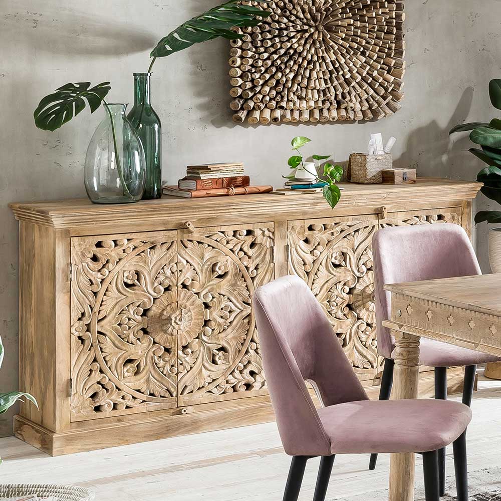 180x90x45 4-türiges Holz Runiasa aus Sandfarben - im Schnitzerei Sideboard Ethno mit Stil