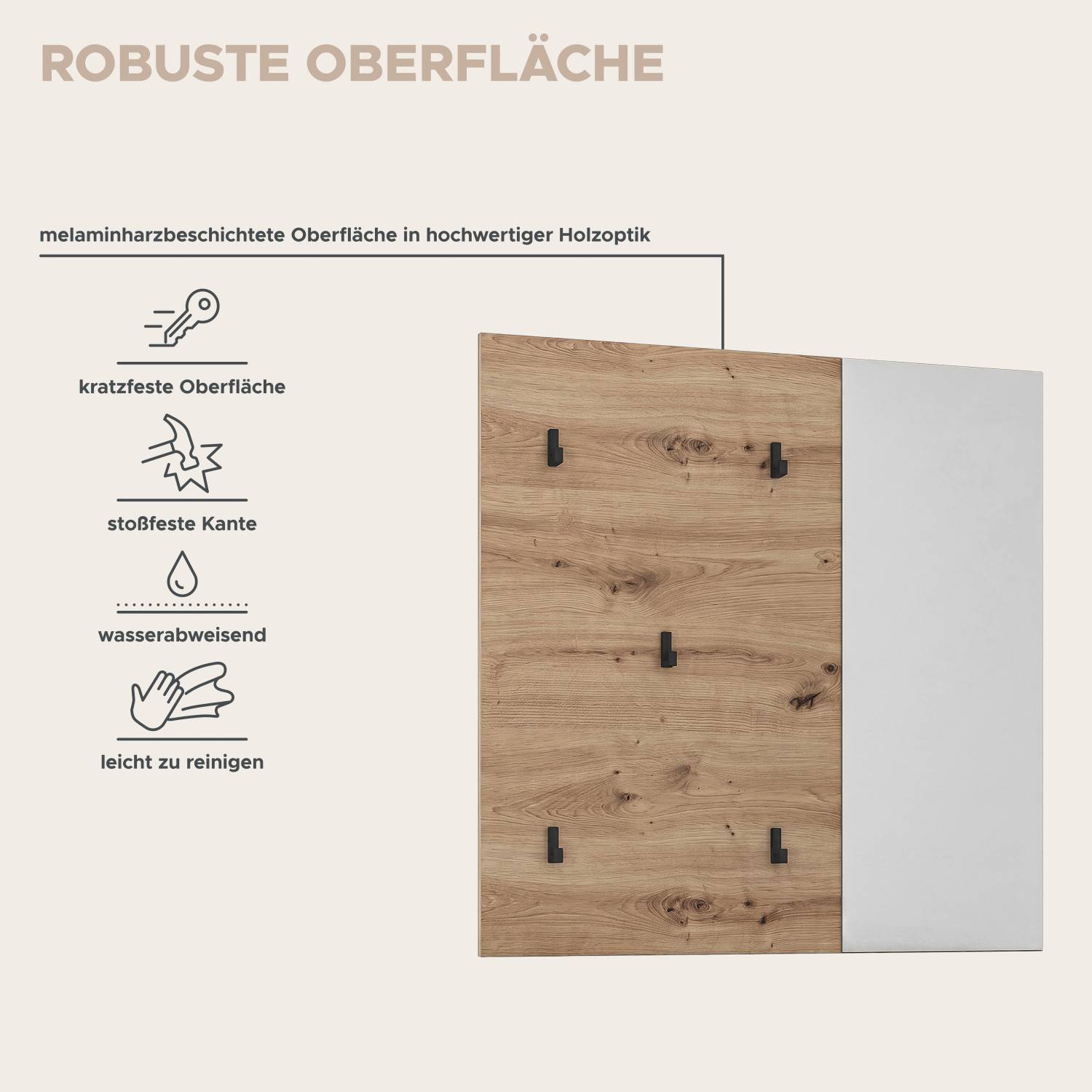 Robuste und kratzfeste Wandgarderobe in Pinienholz Optik, wasserabweisend und leicht zu reinigen – Omy