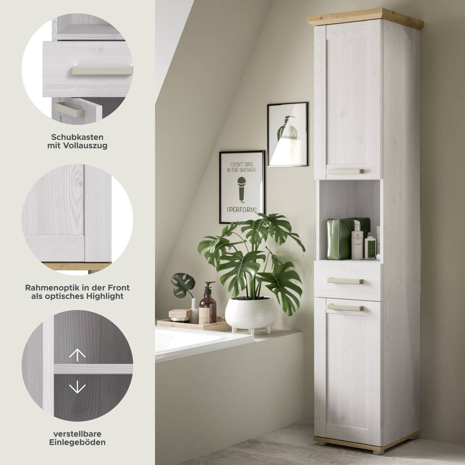 Schubkasten mit Vollauszug, Rahmenoptik und verstellbare Einlegeböden im Badschrank – Tocella