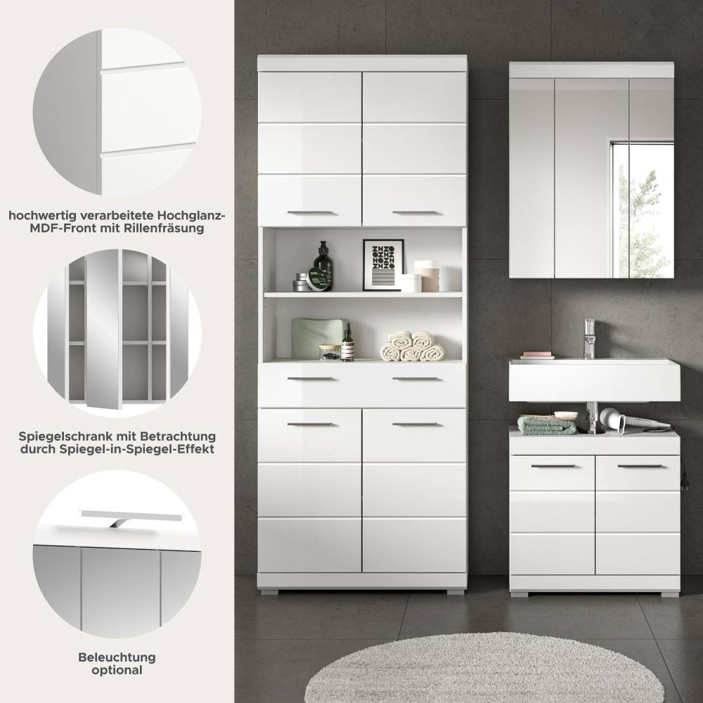 Badezimmermöbelset mit Hochglanz MDF-Front, Rillenfräsung und Spiegelschrankeffekt – Henriette
