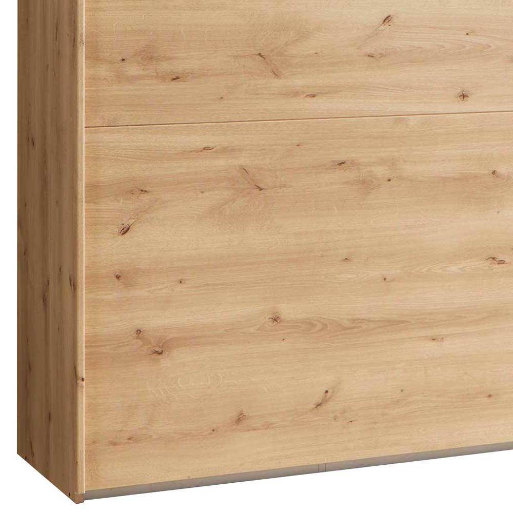 Kleiderschrank Seitenansicht in Eiche Bianco Holzoptik, feine Maserung und stabiler Sockel – Paniola