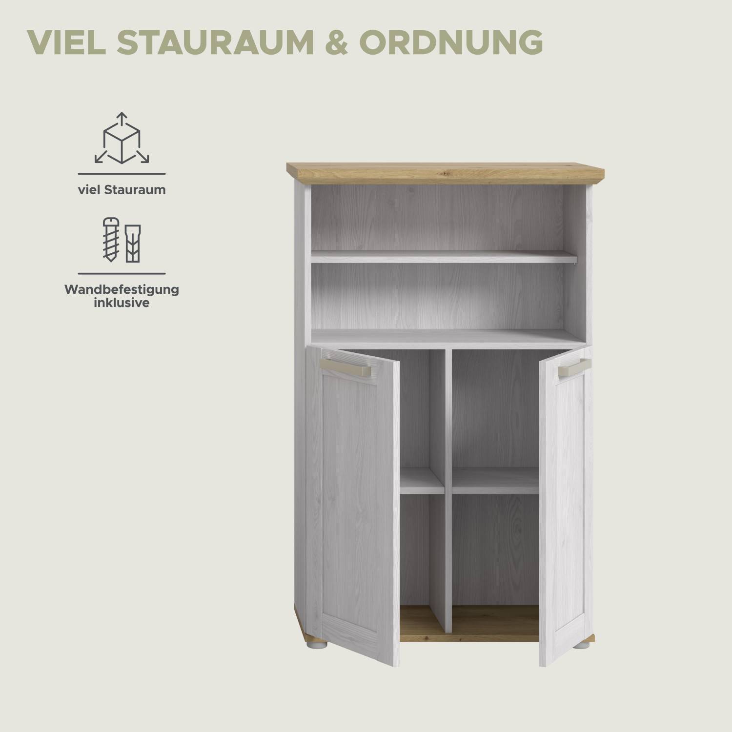 Weißer Badschrank mit Holzplatte, offenen Fächern und zwei Türen, inklusive Wandbefestigung – Tocella