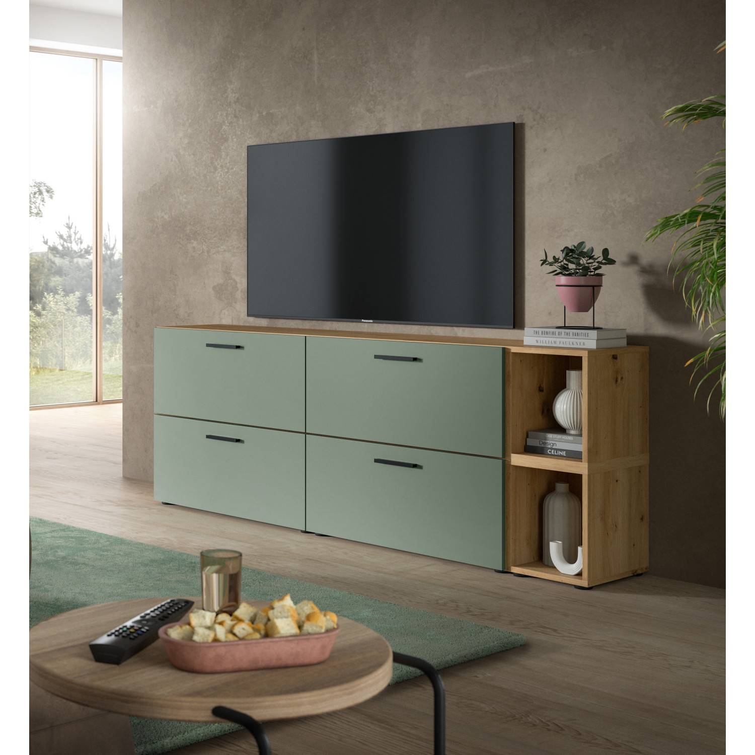 Fernsehschrank mit vier grünen Klappen und offenem Holzregal, modernes Wohnzimmer – Jonni