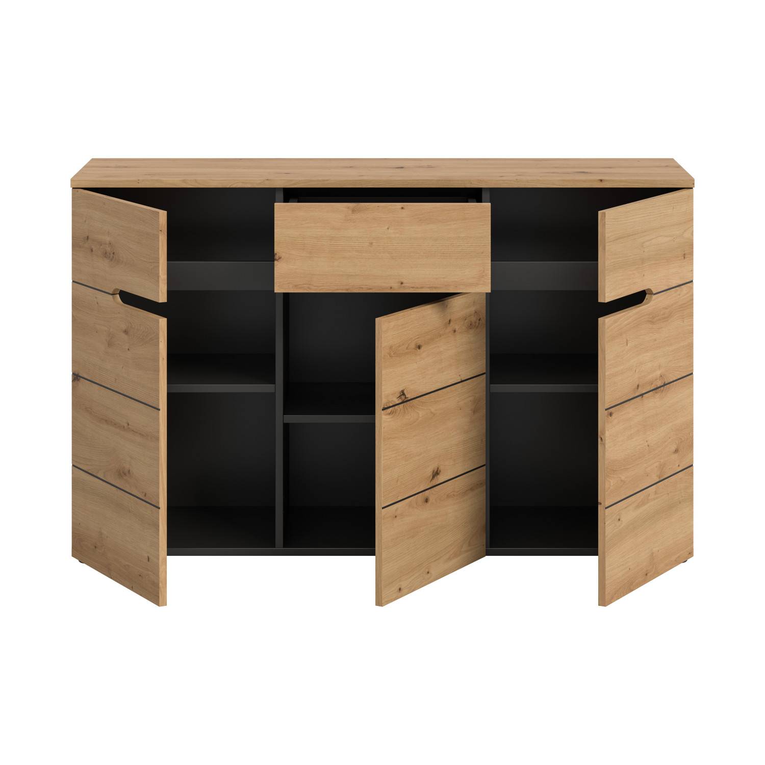 Geräumiges Sideboard offen mit drei Türen und Schublade, dunklem Innenraum und Regalböden – Irysma