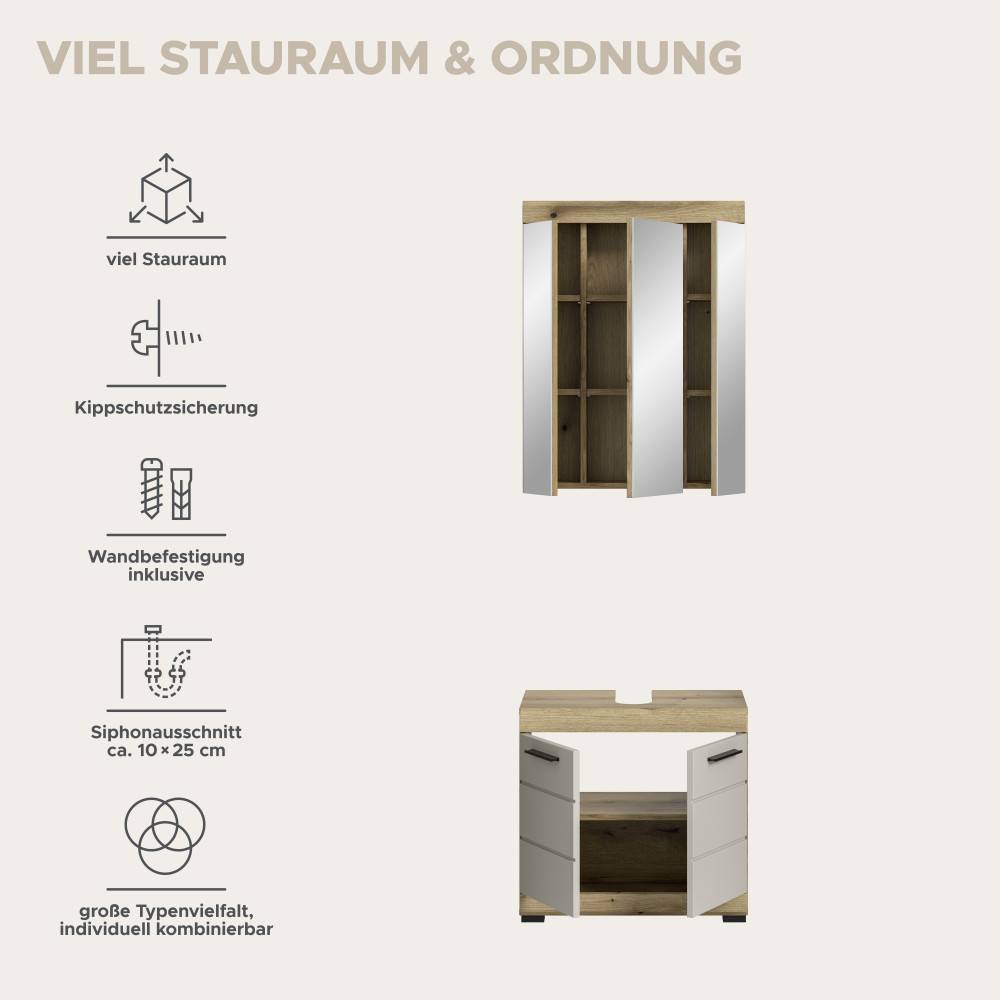 Badschrank-Kombination mit viel Stauraum, Kippschutzsicherung, Wandbefestigung und praktischem Siphonausschnitt – Casserra