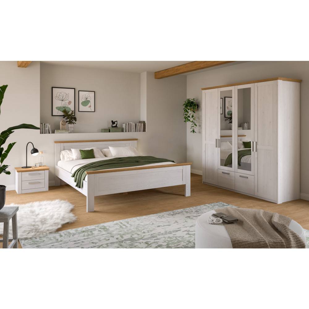 Komplettes Schlafzimmer im Landhausstil mit weißem Bett, Kleiderschrank mit Spiegel und Nachttisch – Fusaro