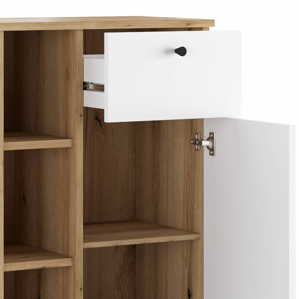 Detailansicht des geöffneten Schranks mit ausgezogener Schublade und Tür im Holz-Weiß-Design – Naviron