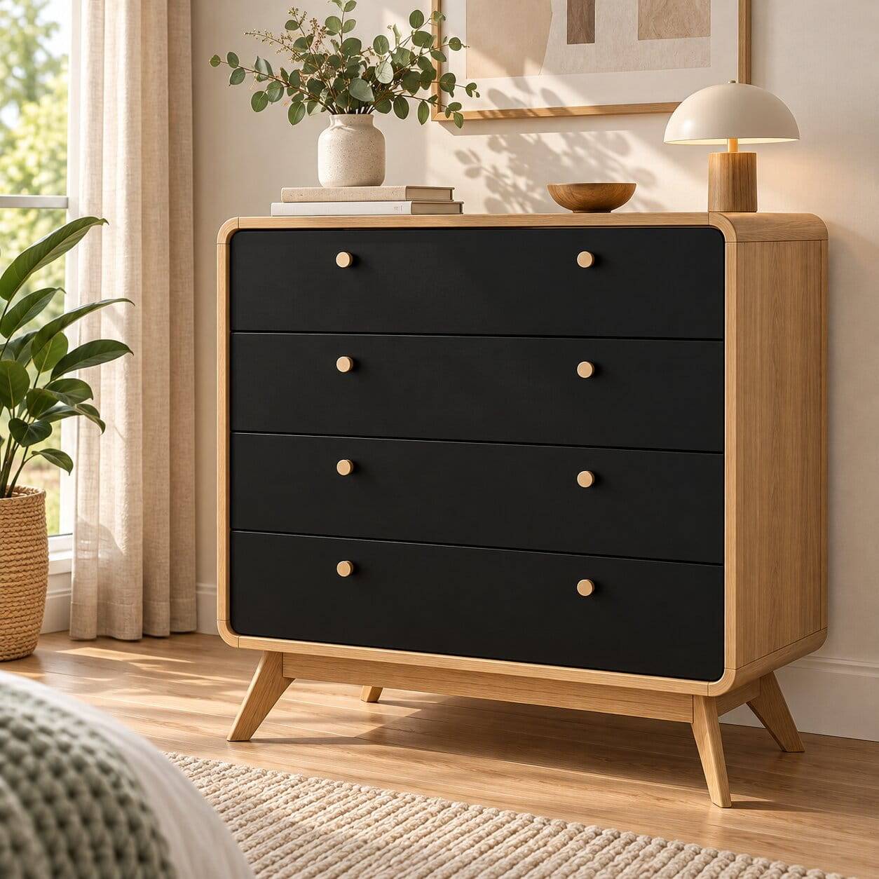 Moderne Kommode für das Schlafzimmer mit vier schwarzen Schubladen und Holzfüßen – Sondros