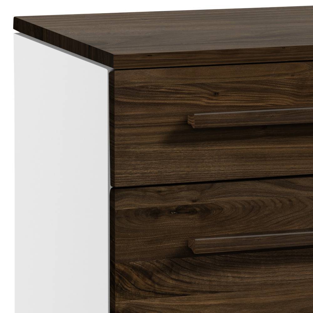 Zwei Schubladen der Kommode in dunkler Nussbaum-Holzoptik mit horizontalen Griffen und weißer Seitenwand – Barym