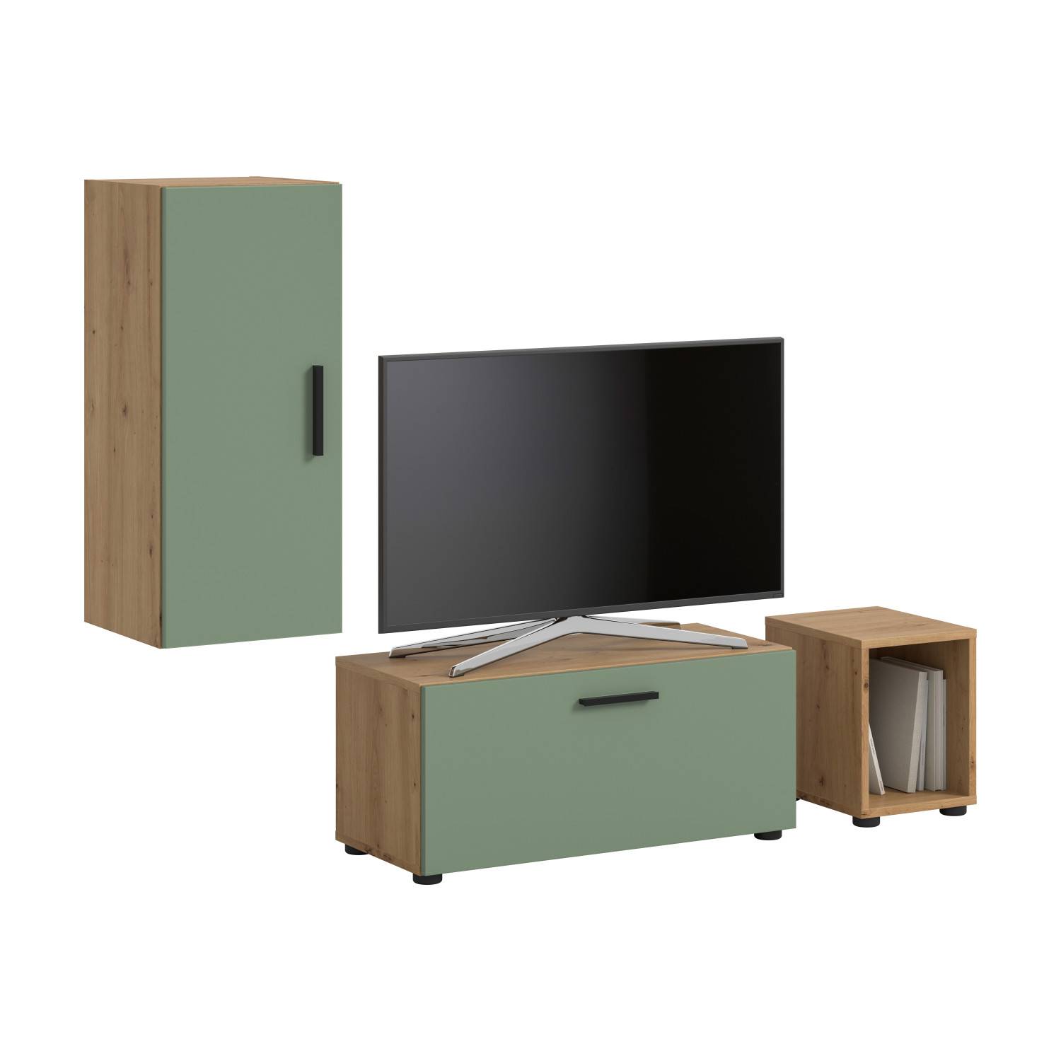 Dreiteiliges Anbauwand Set in Holzoptik und Salbeigrün mit Schrank, TV-Board und Regal – Jonni