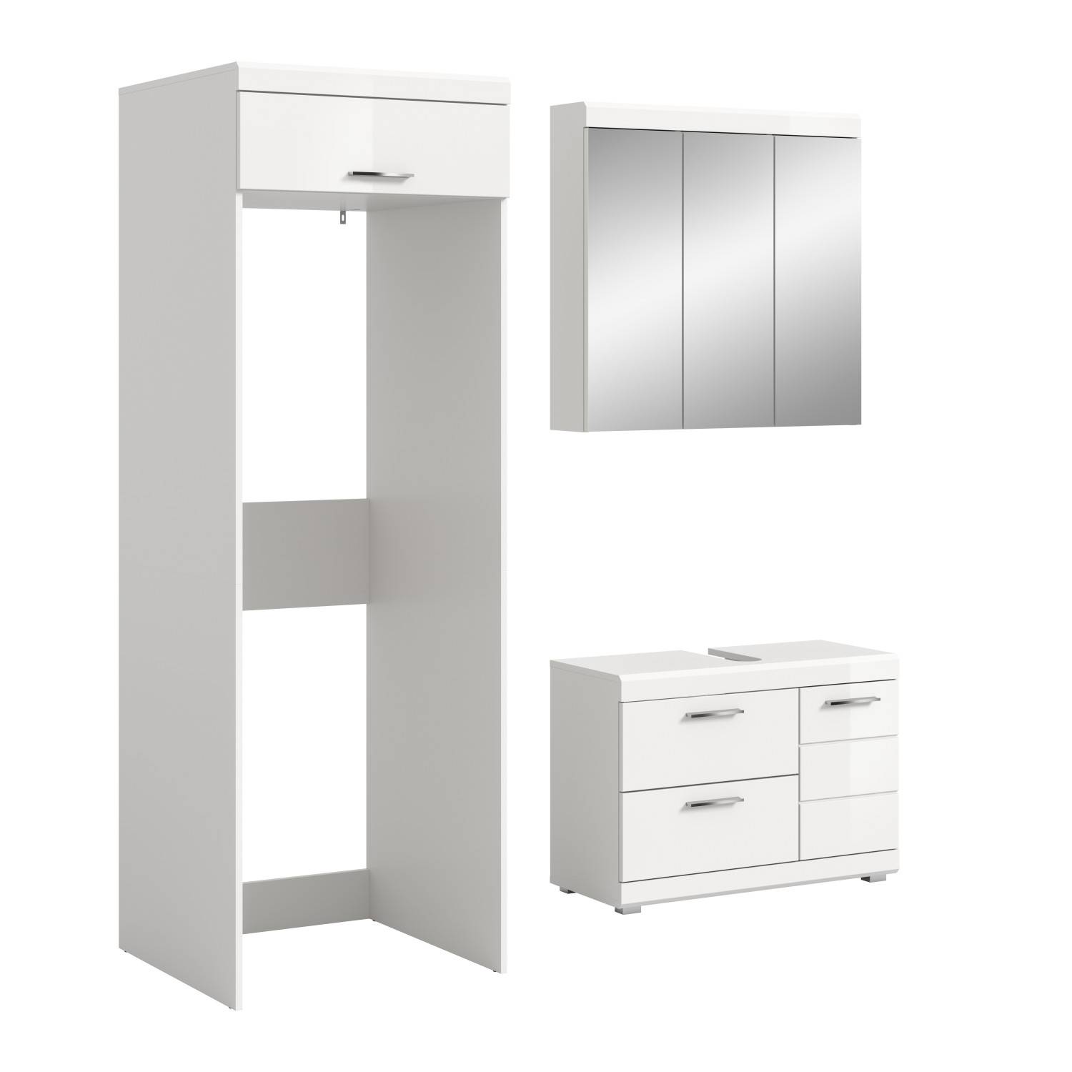 Weißes dreiteiliges Badezimmermöbel Set mit Hochschrank, Spiegelschrank und Waschbeckenunterschrank – Nanila