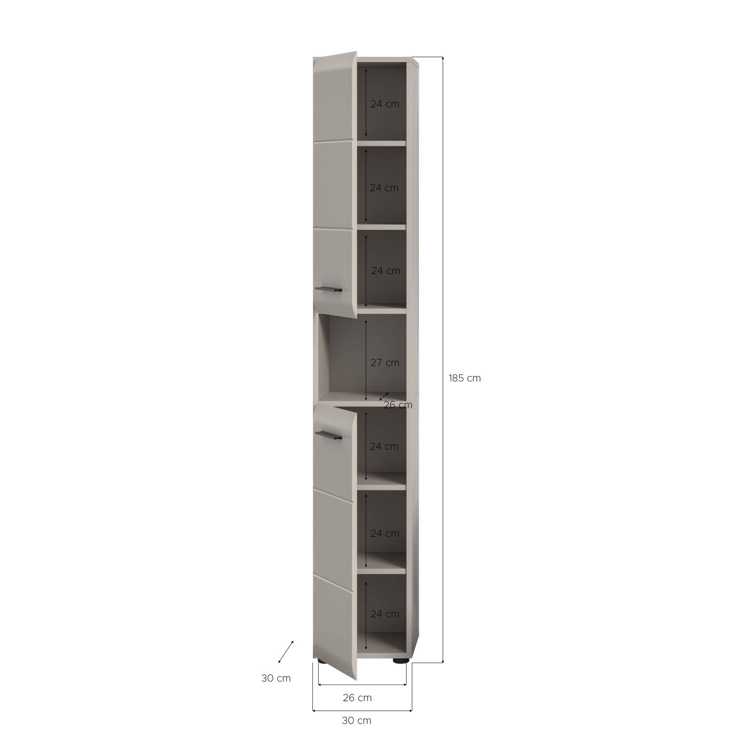 Badschrank in Kaschmir Optik mit Maßen und Abmessungen der Fächer und Höhe – Donostia